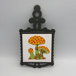Vintage 70s Mushroom Trivet Cast Iron Ceramic Tile Wall Decor Triangle Shunlong